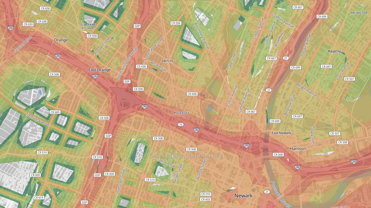 Lower Roseville, Newark, NJ Map of Noise Levels in Lower Roseville