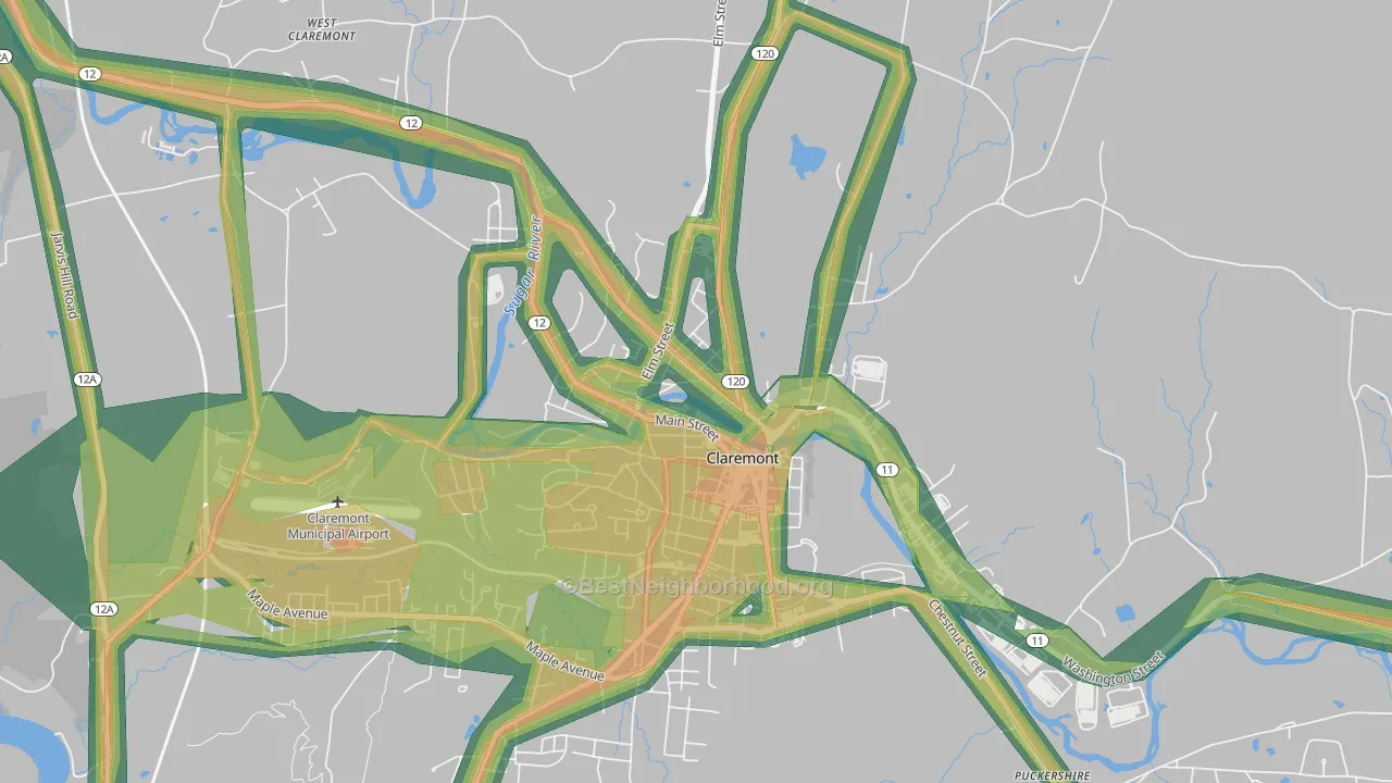 Lower Village District, Claremont, NH Map of Noise Levels in Lower Village District