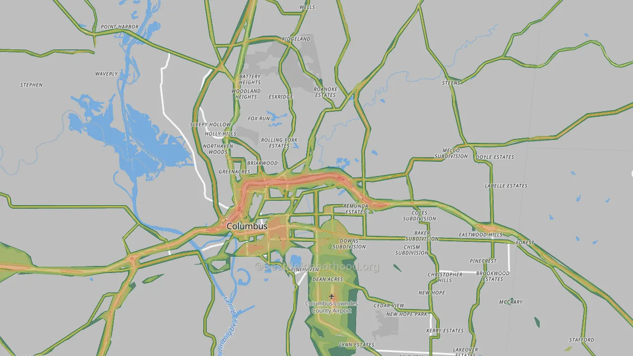 Lowndes County, MS Map of Noise Levels in Lowndes County