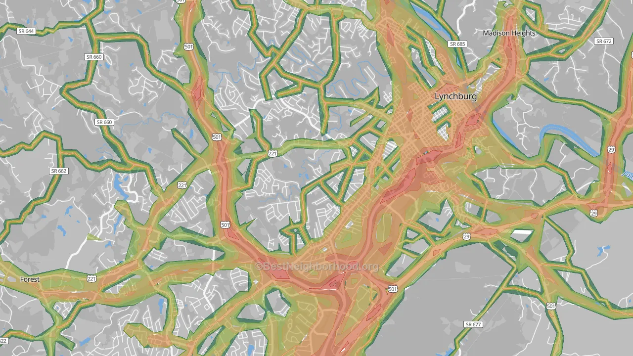 Lynchburg City, VA Map of Noise Levels in Lynchburg City