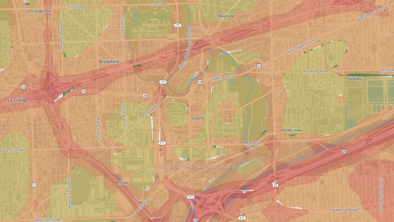 Lyons, IL Map of Noise Levels in Lyons
