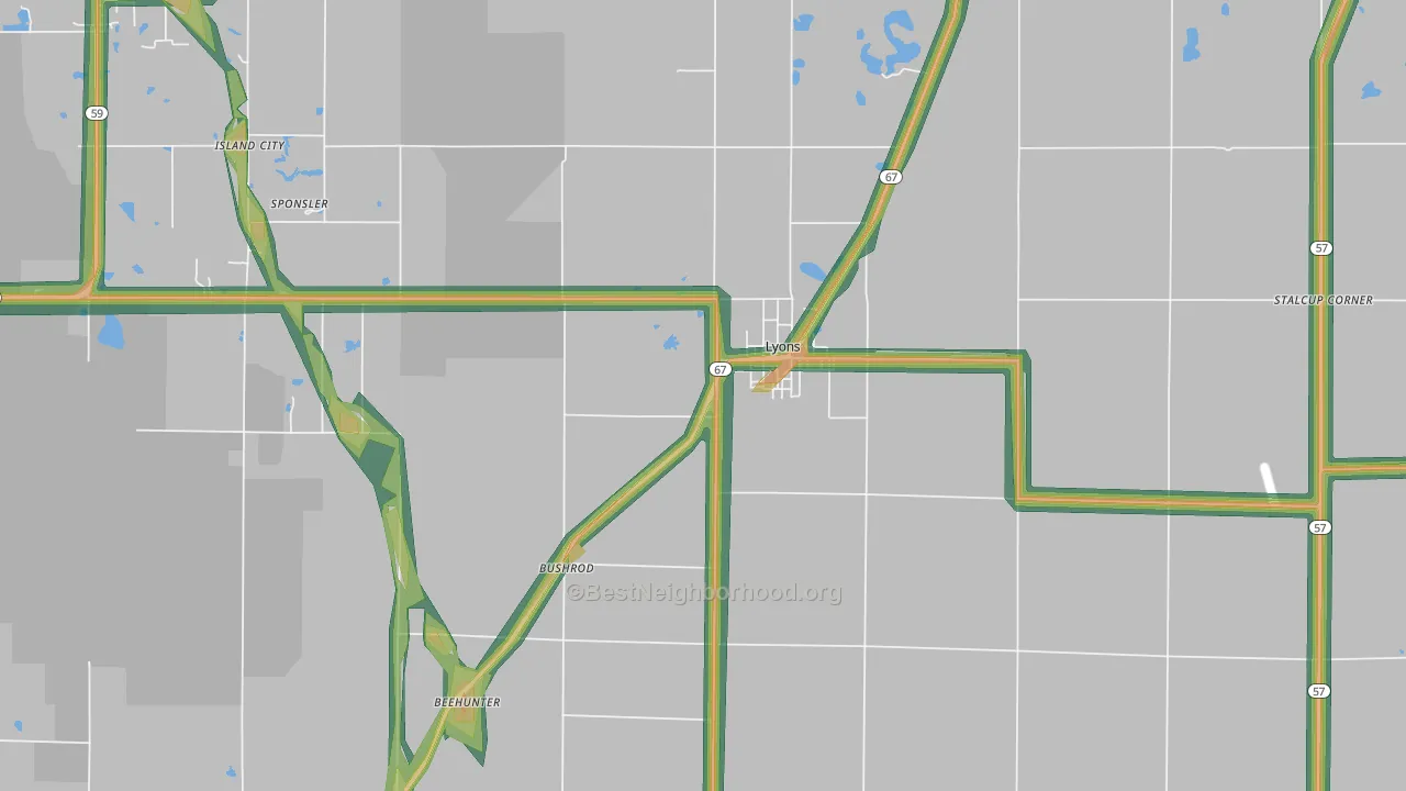 Lyons, IN Map of Noise Levels in Lyons