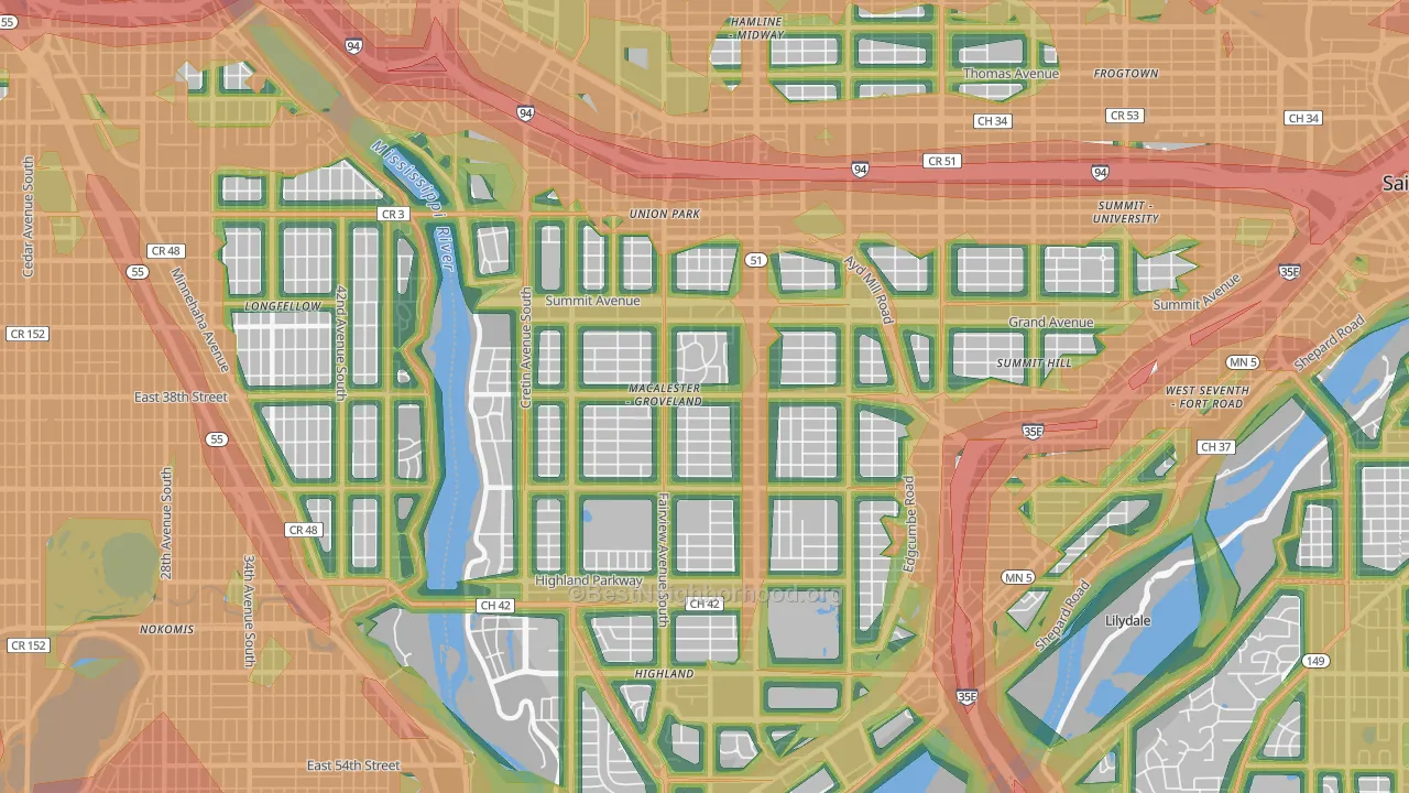 Macalester-Groveland, St. Paul, MN Map of Noise Levels in Macalester-Groveland