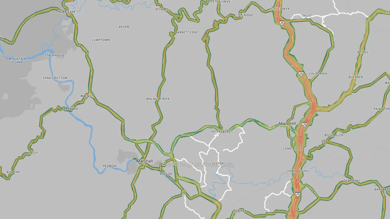 Madison County, NC Map of Noise Levels in Madison County