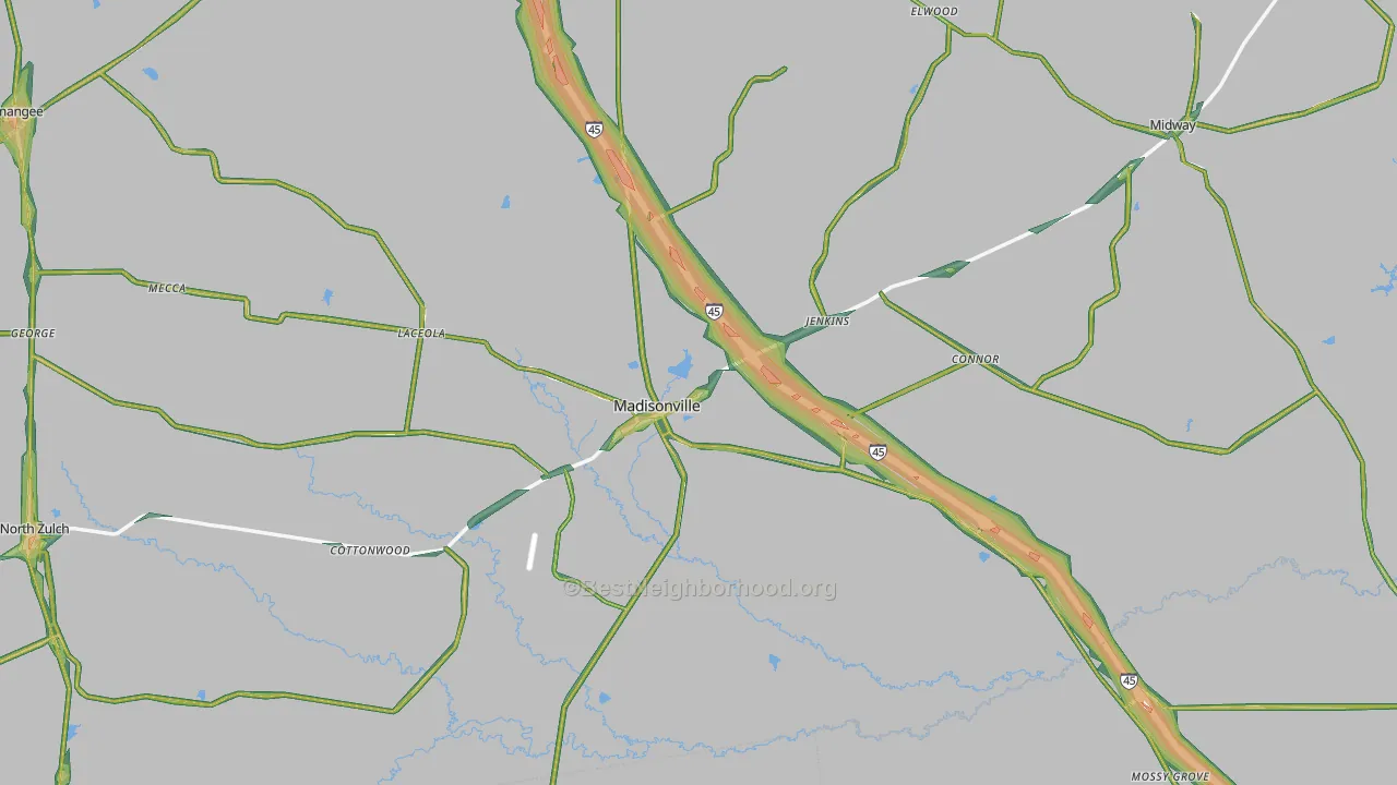 Madison County, TX Map of Noise Levels in Madison County