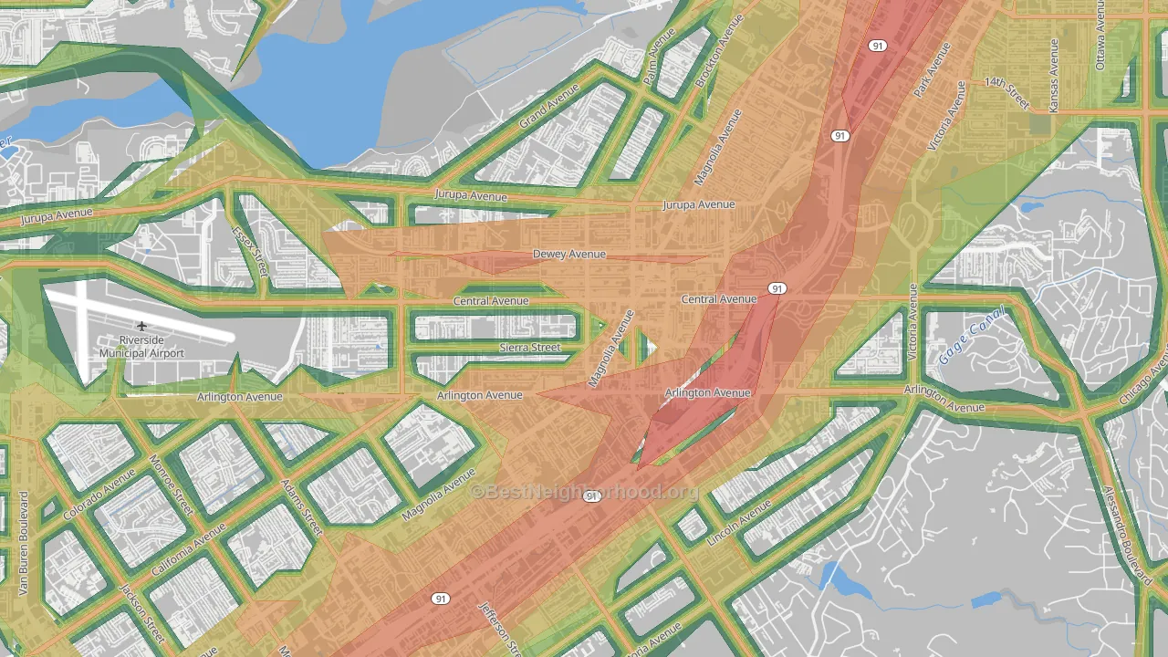Magnolia Center, Riverside, CA Map of Noise Levels in Magnolia Center