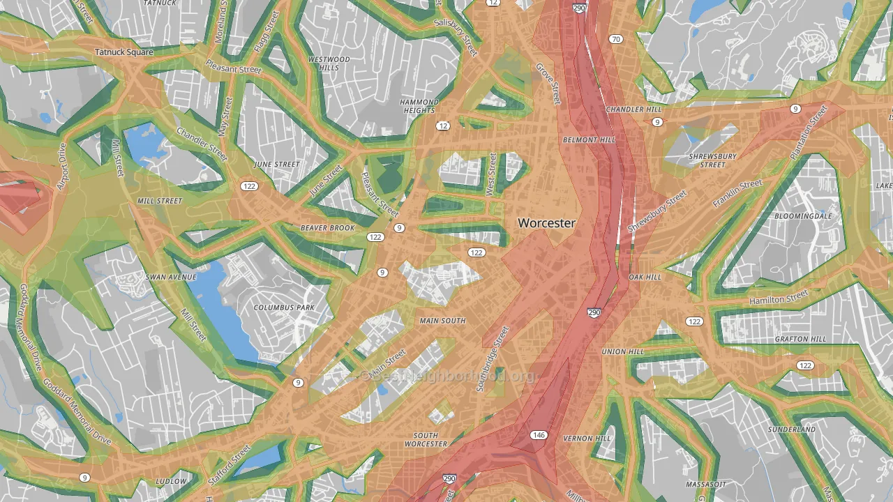 Main Middle, Worcester, MA Map of Noise Levels in Main Middle