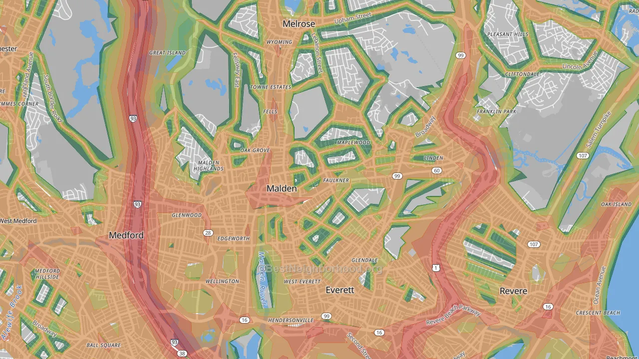 Malden, MA Map of Noise Levels in Malden