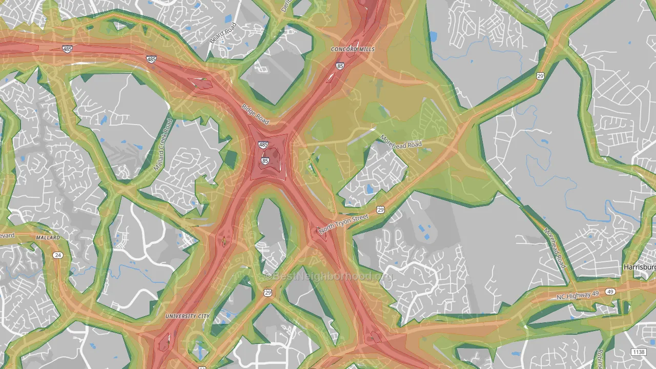 Mallard Creek-Withrow Downs, Charlotte, NC Map of Noise Levels in Mallard Creek-Withrow Downs