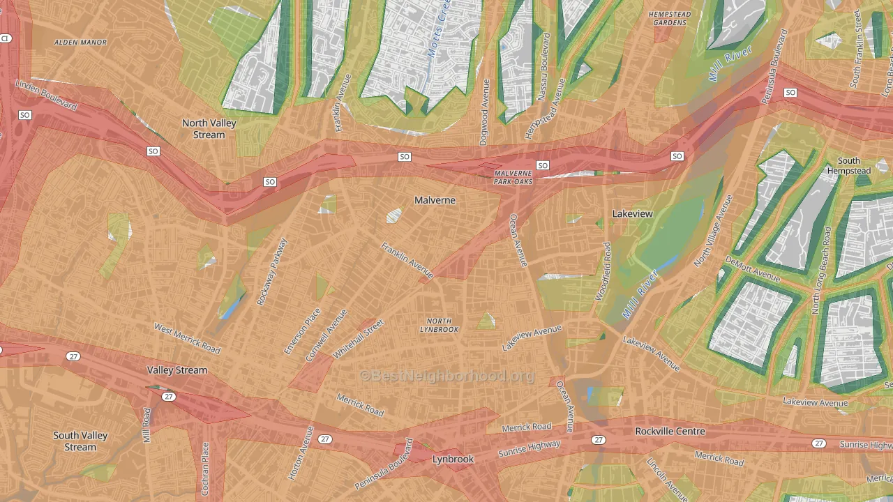Malverne, NY Map of Noise Levels in Malverne