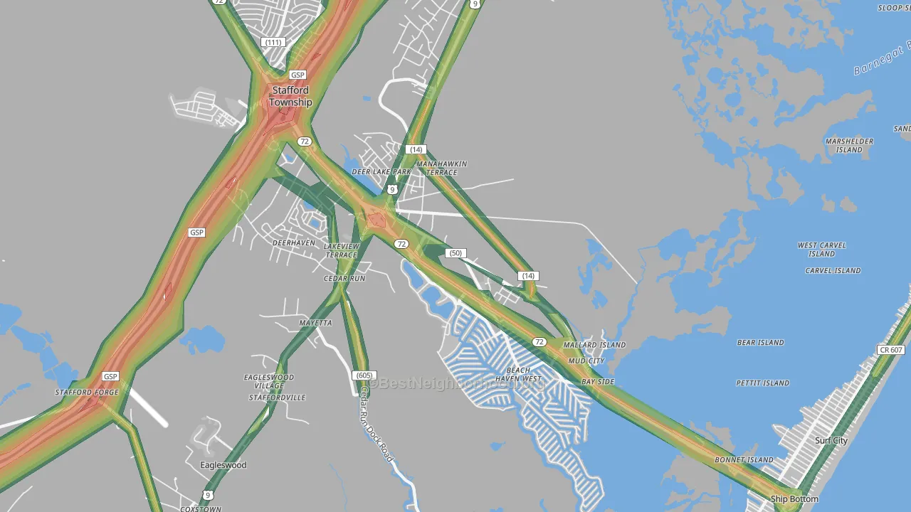 Manahawkin, NJ Map of Noise Levels in Manahawkin