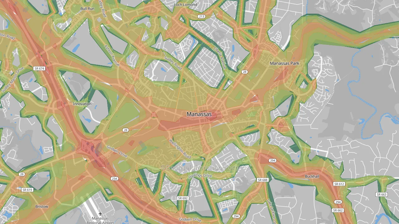 Manassas City, VA Map of Noise Levels in Manassas City
