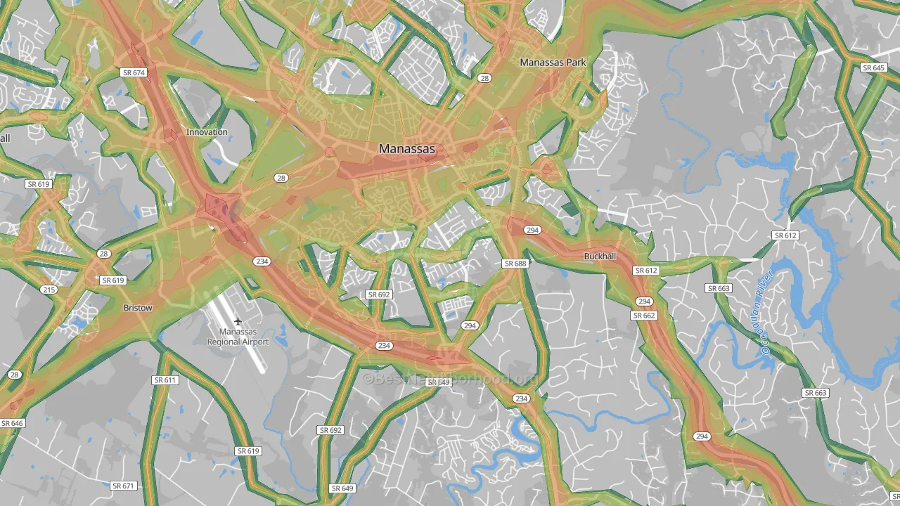 Manassas, VA Map of Noise Levels in Manassas