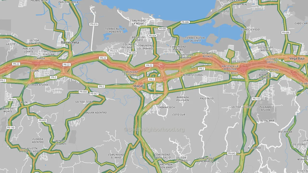 Manati Municipio, PR Map of Noise Levels in Manati Municipio