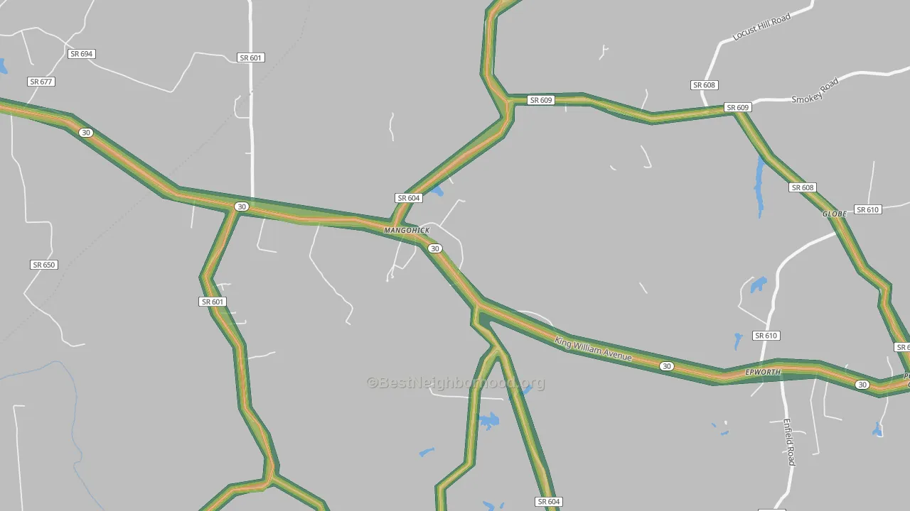 Mangohick, VA Map of Noise Levels in Mangohick