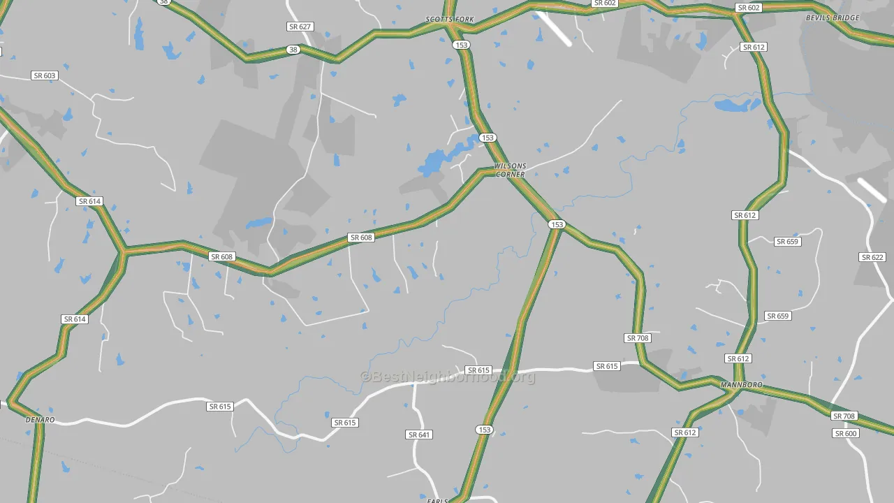 Mannboro, VA Map of Noise Levels in Mannboro