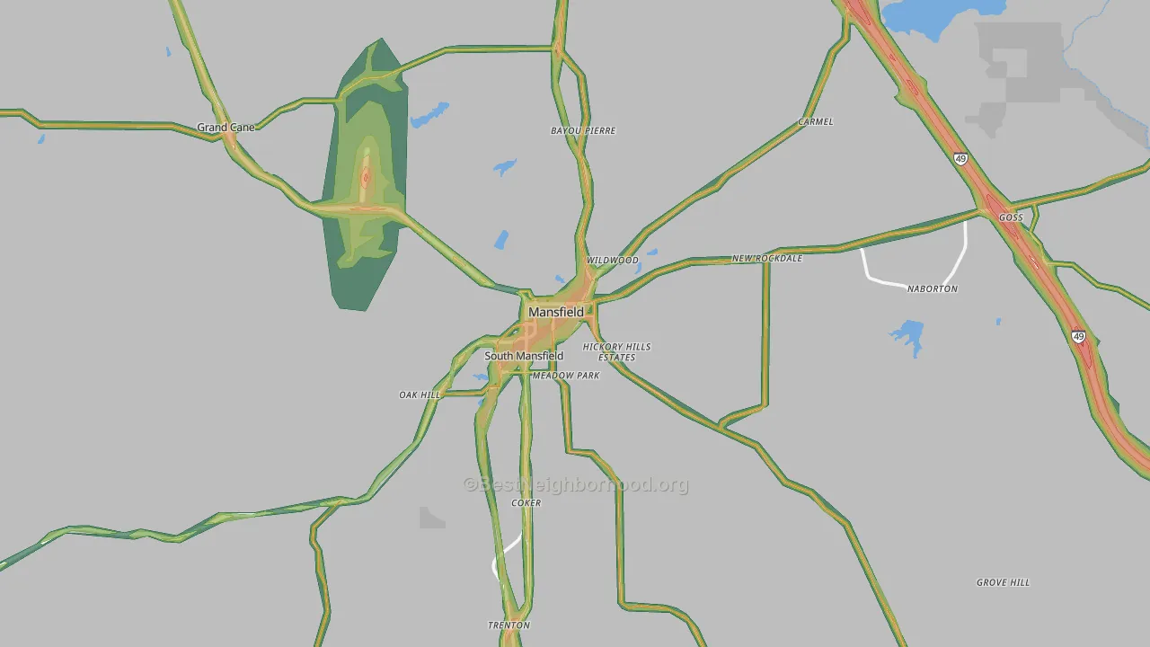 Mansfield, LA Map of Noise Levels in Mansfield