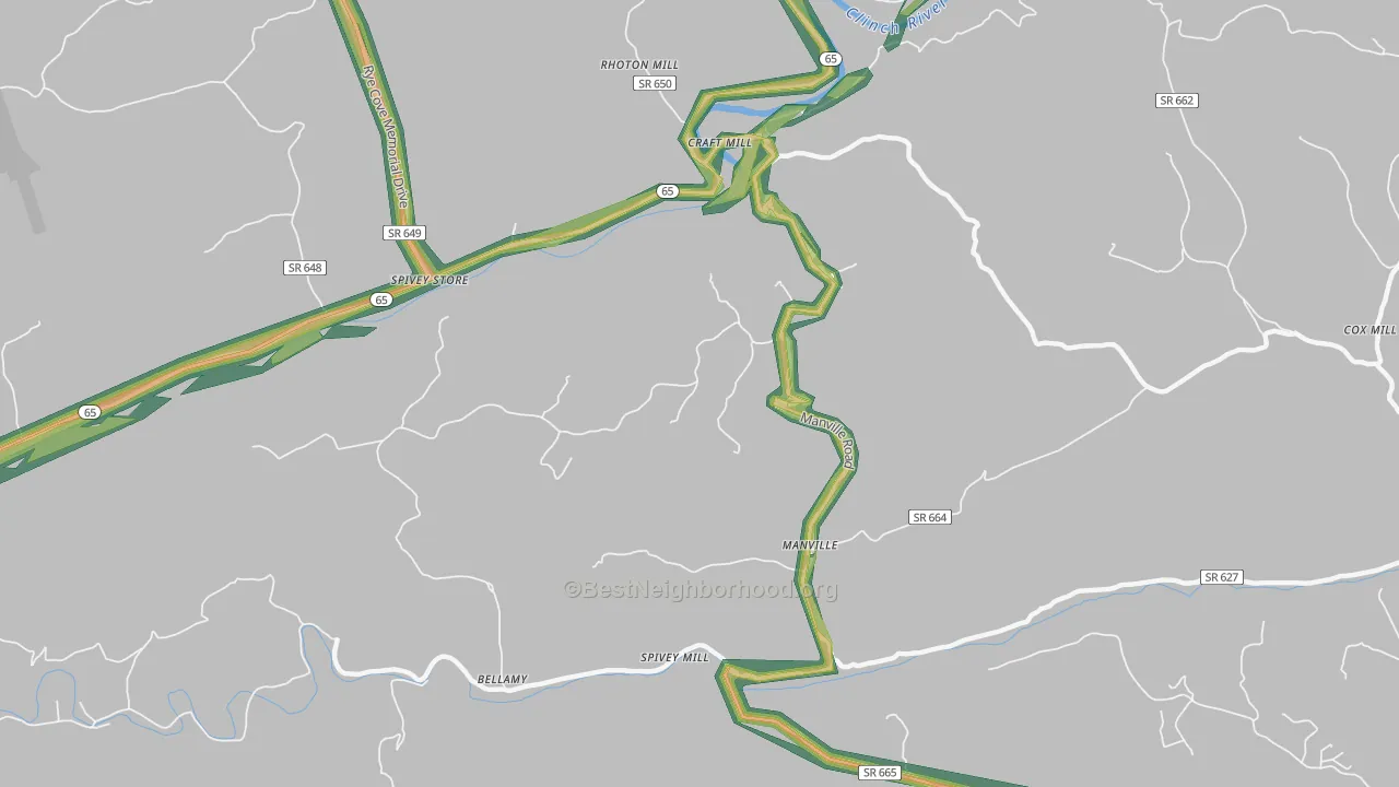 Manville, VA Map of Noise Levels in Manville