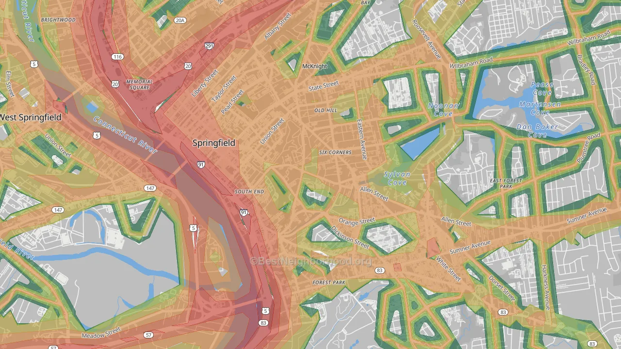 Maple High-Six Corners, Springfield, MA Map of Noise Levels in Maple High-Six Corners