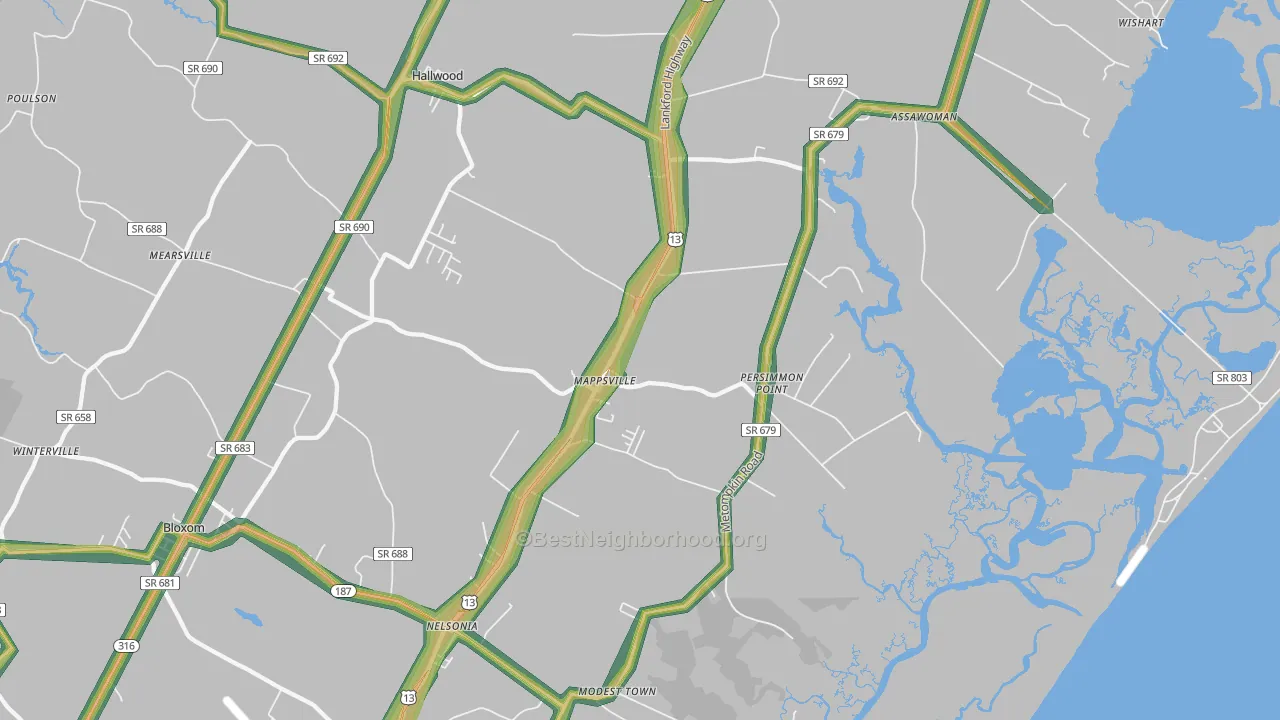 Mappsville, VA Map of Noise Levels in Mappsville