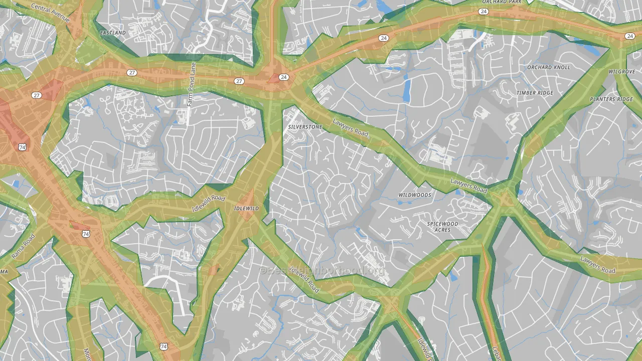 Marlwood, Charlotte, NC Map of Noise Levels in Marlwood
