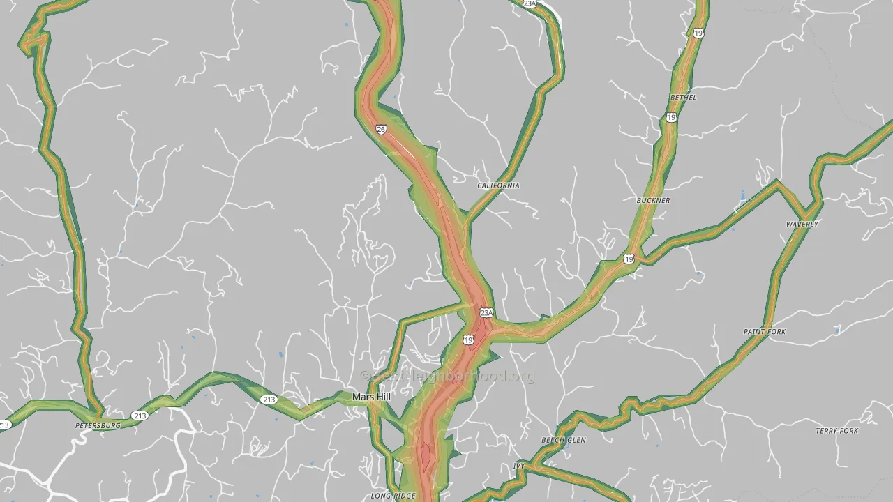 Mars Hill, NC Map of Noise Levels in Mars Hill