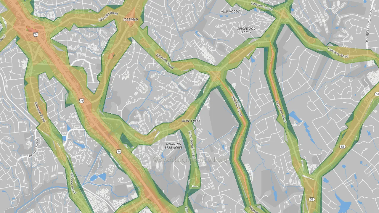 Marshbrooke, Matthews, NC Map of Noise Levels in Marshbrooke