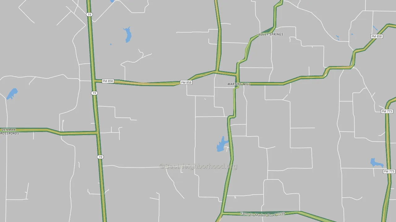 Martins Mill, TX Map of Noise Levels in Martins Mill
