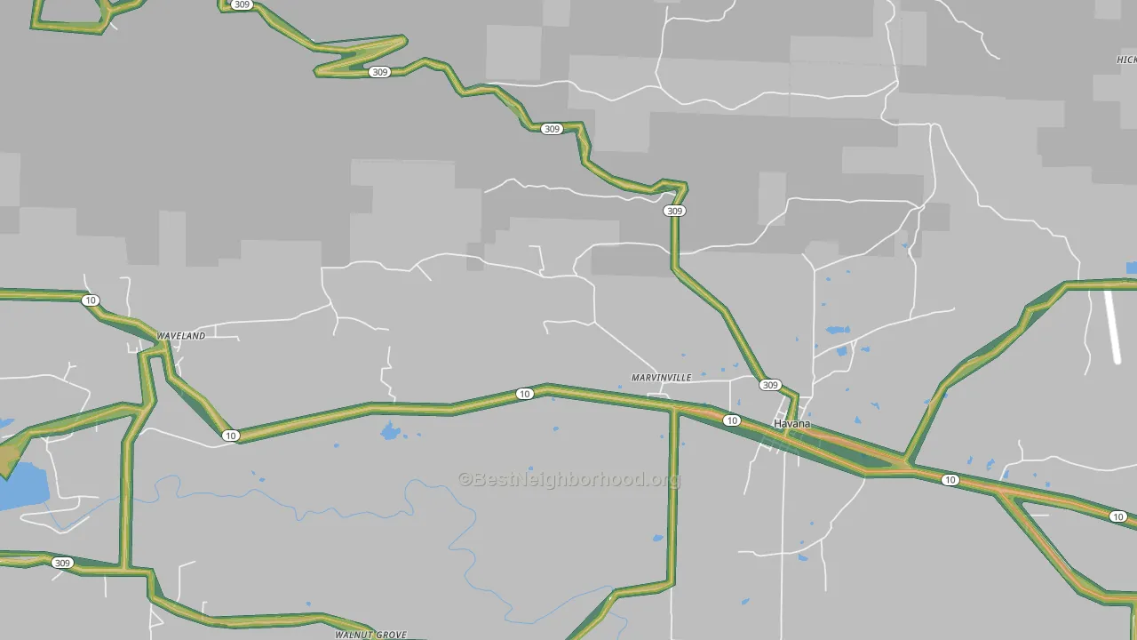 Marvinville, AR Map of Noise Levels in Marvinville