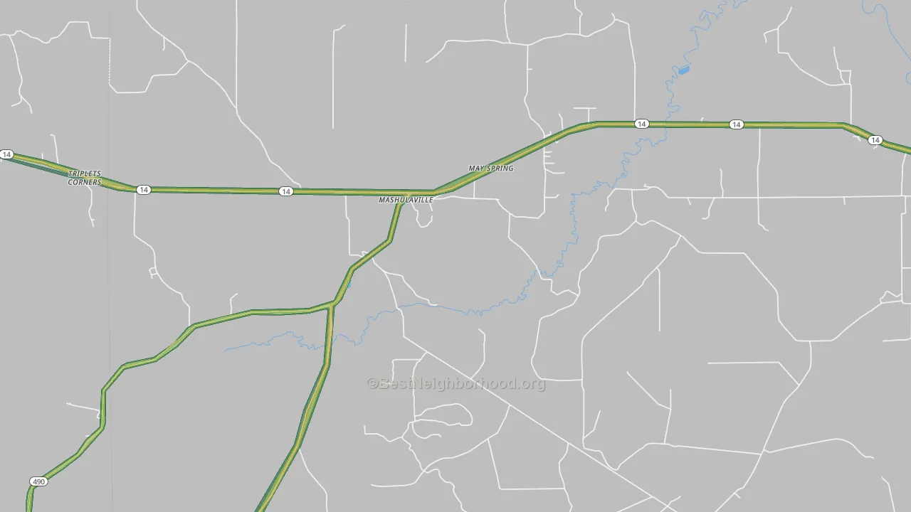 Mashulaville, MS Map of Noise Levels in Mashulaville