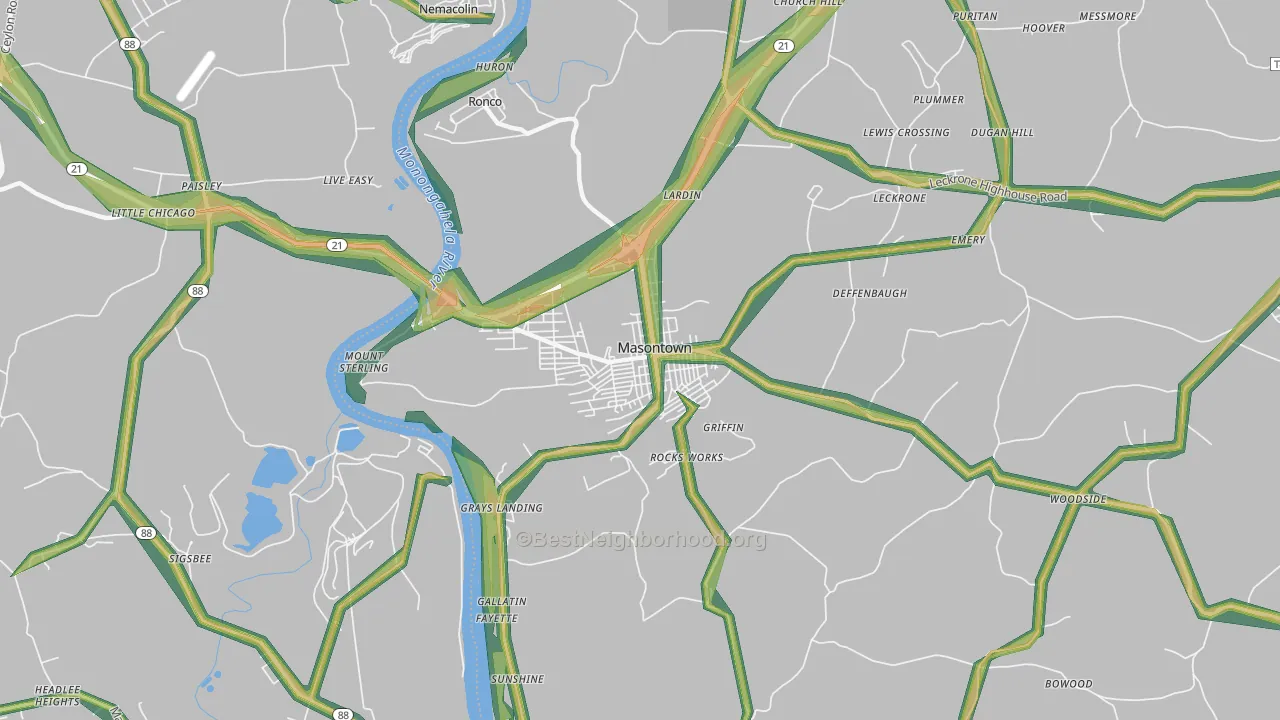 Masontown, PA Map of Noise Levels in Masontown