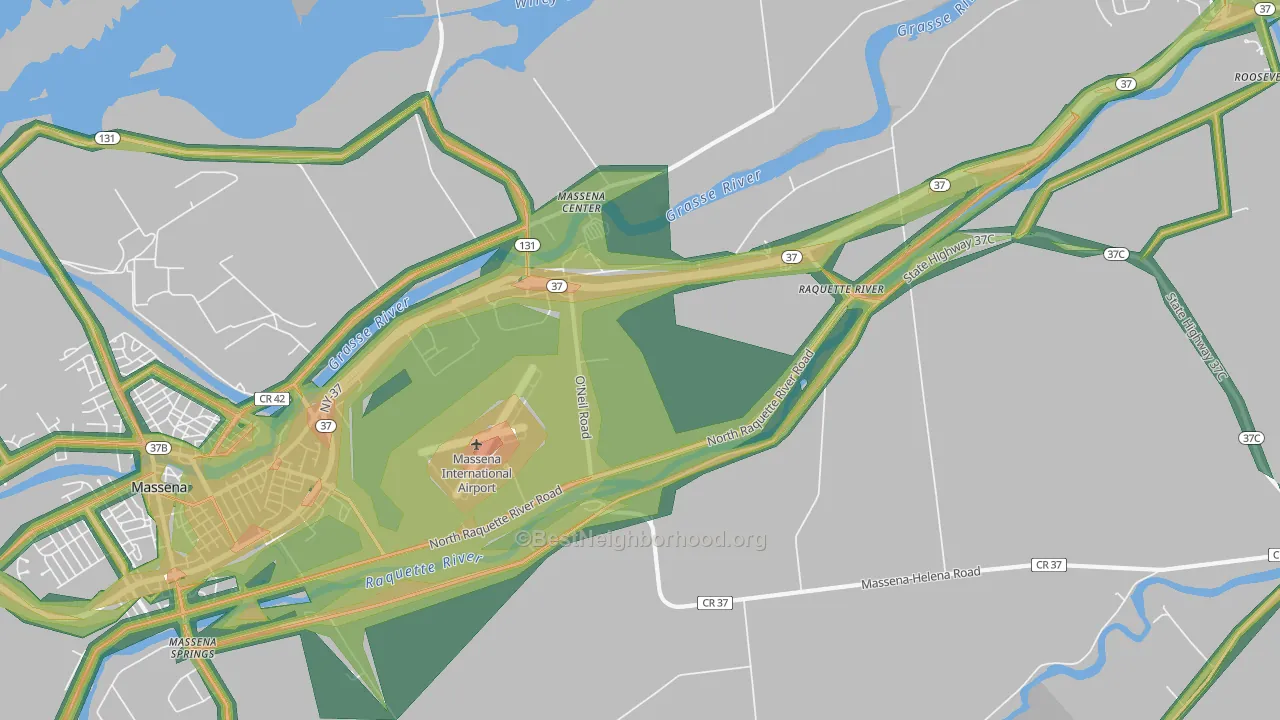 Massena Center, NY Map of Noise Levels in Massena Center