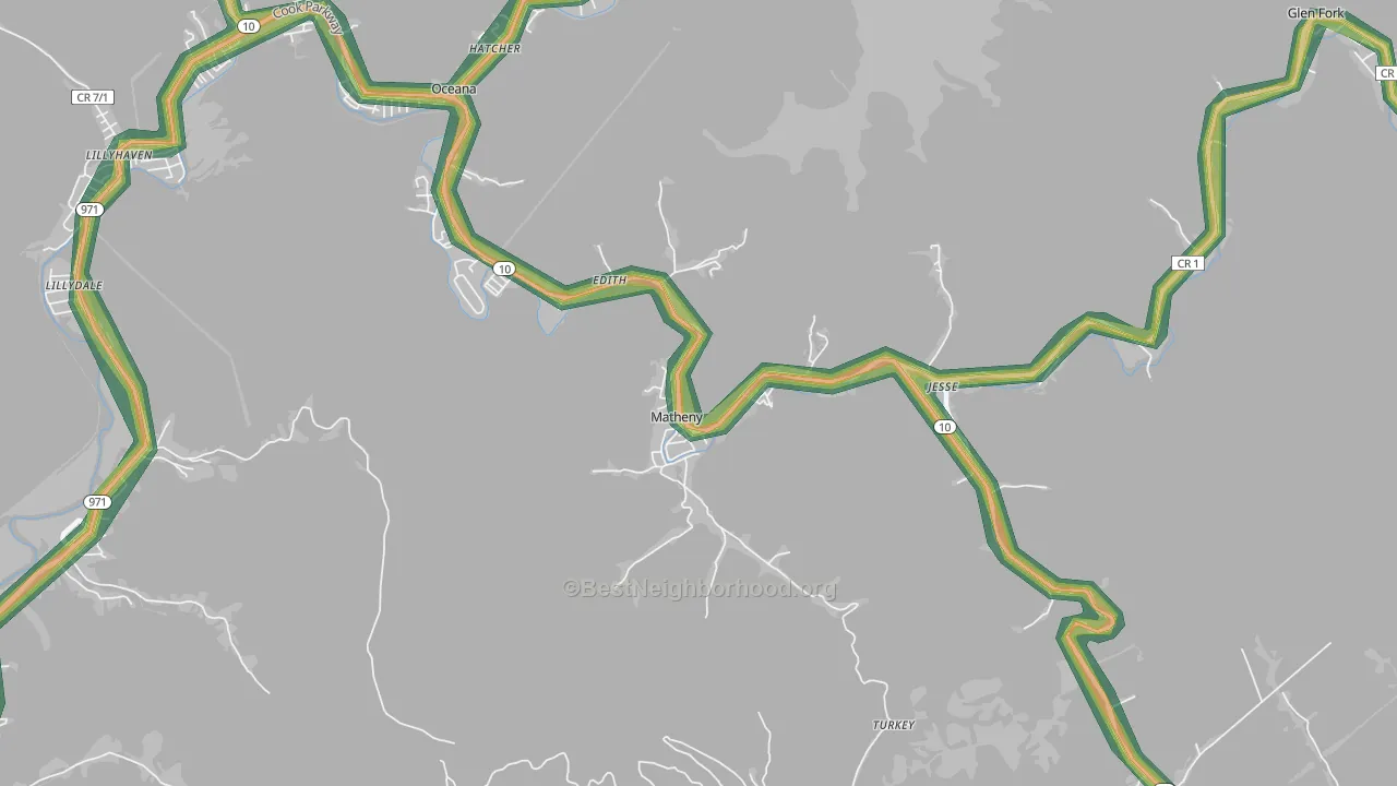 Matheny, WV Map of Noise Levels in Matheny