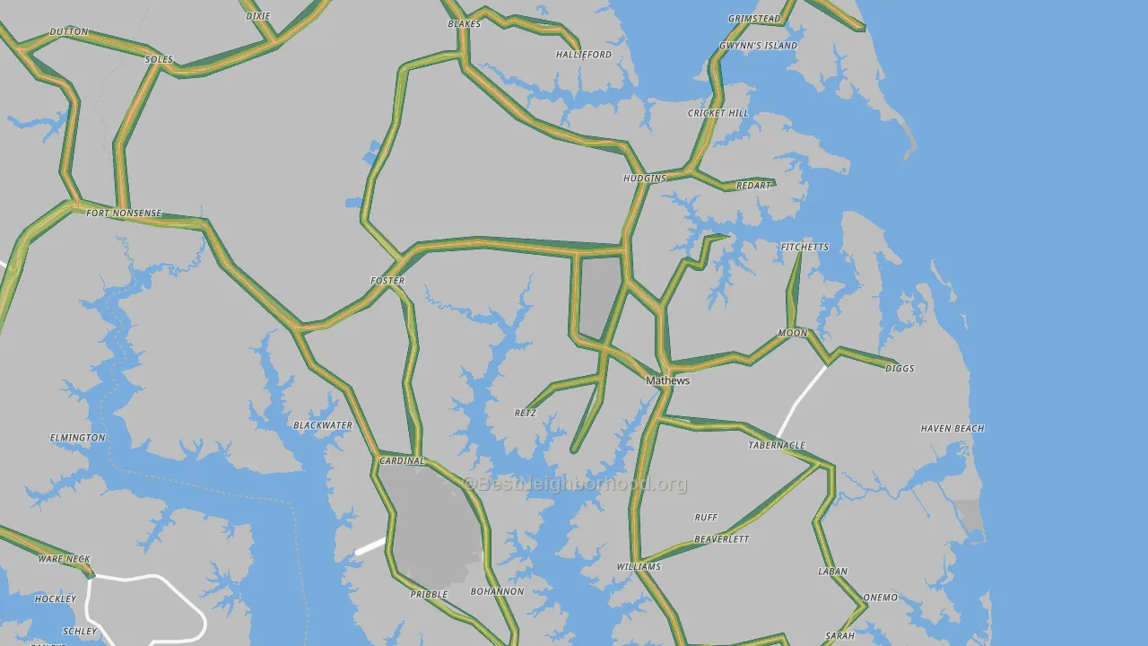 Mathews County, VA Map of Noise Levels in Mathews County