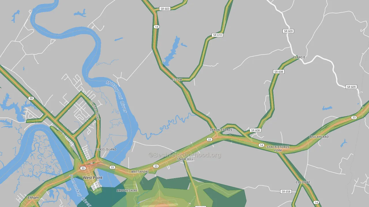 Mattaponi, VA Map of Noise Levels in Mattaponi