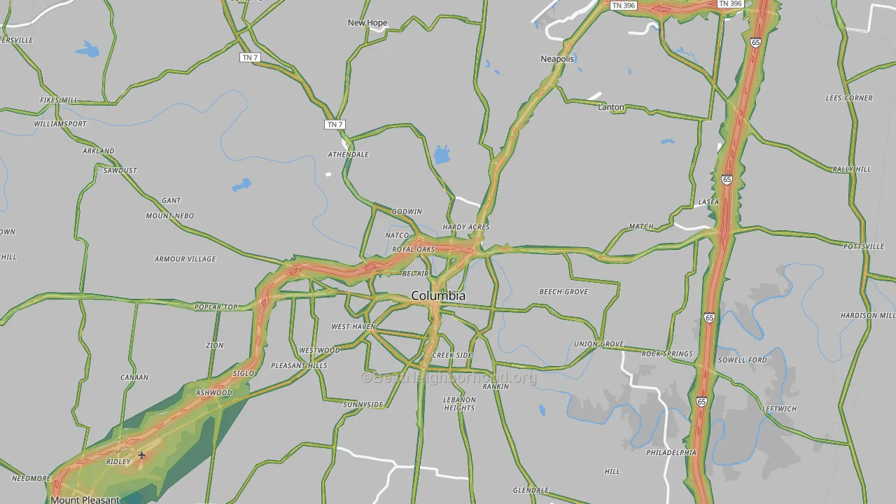 Maury County, TN Map of Noise Levels in Maury County