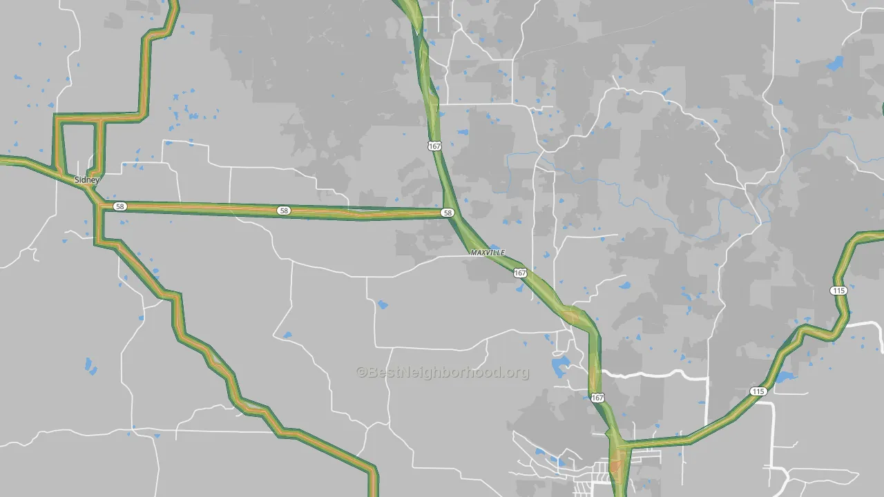 Maxville, AR Map of Noise Levels in Maxville