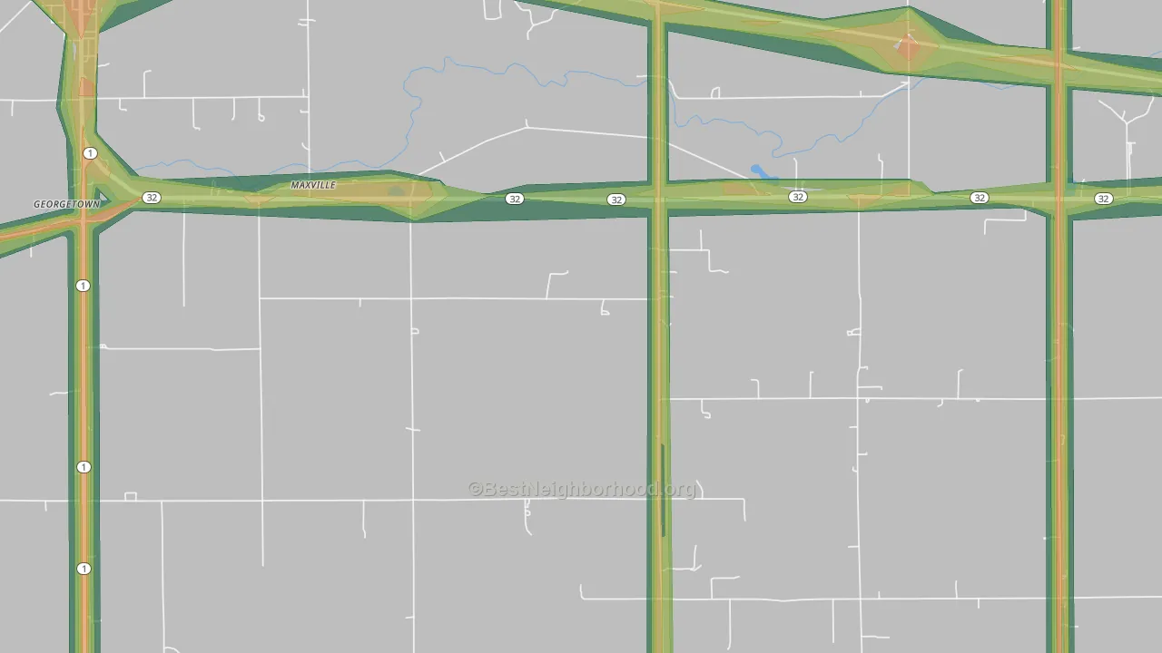 Maxville, IN Map of Noise Levels in Maxville