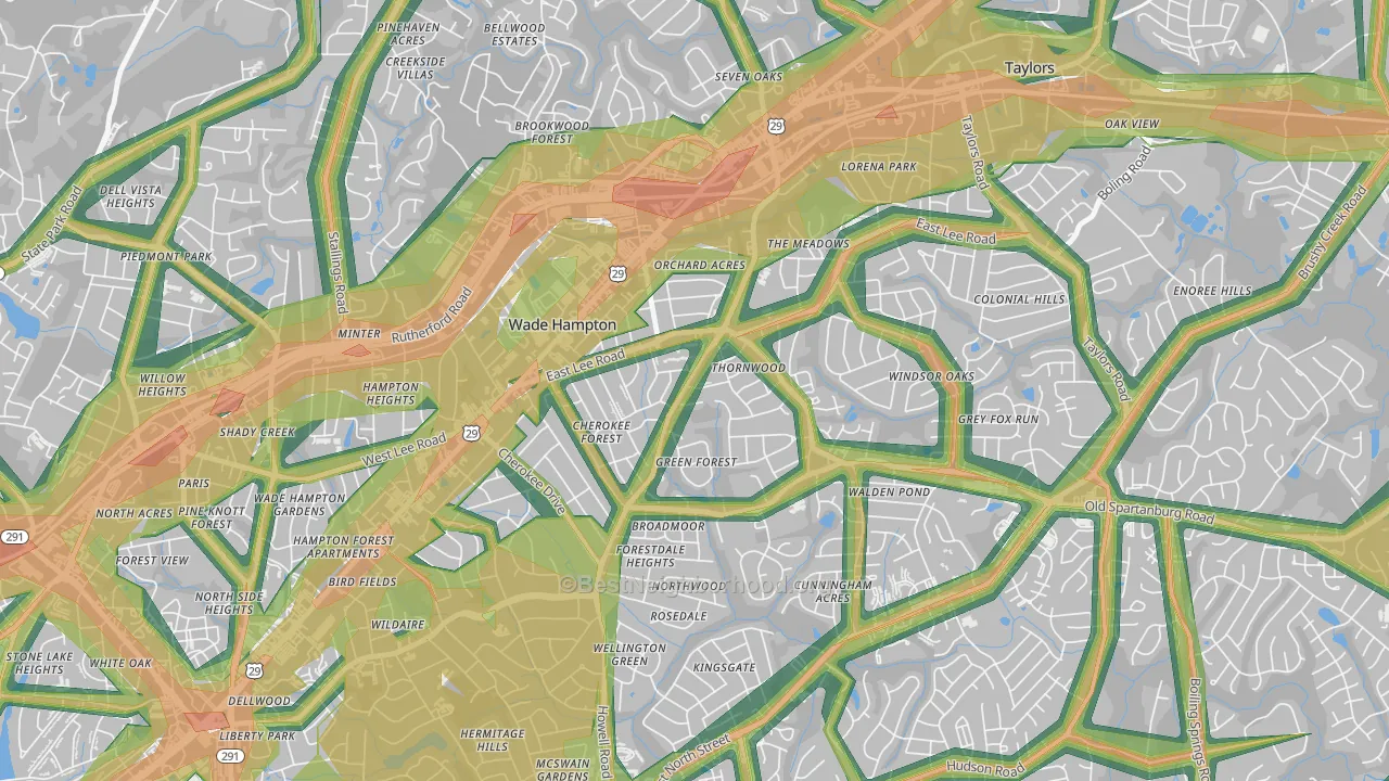 Mayfair Estates, Taylors, SC Map of Noise Levels in Mayfair Estates