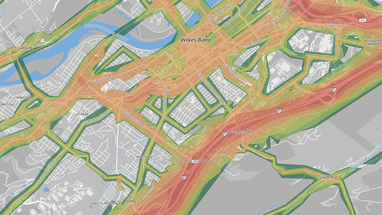 Mayflower, Wilkes-Barre, PA Map of Noise Levels in Mayflower