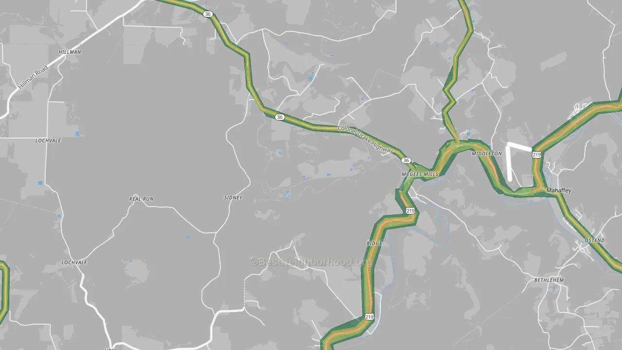 McGees Mills, PA Map of Noise Levels in McGees Mills