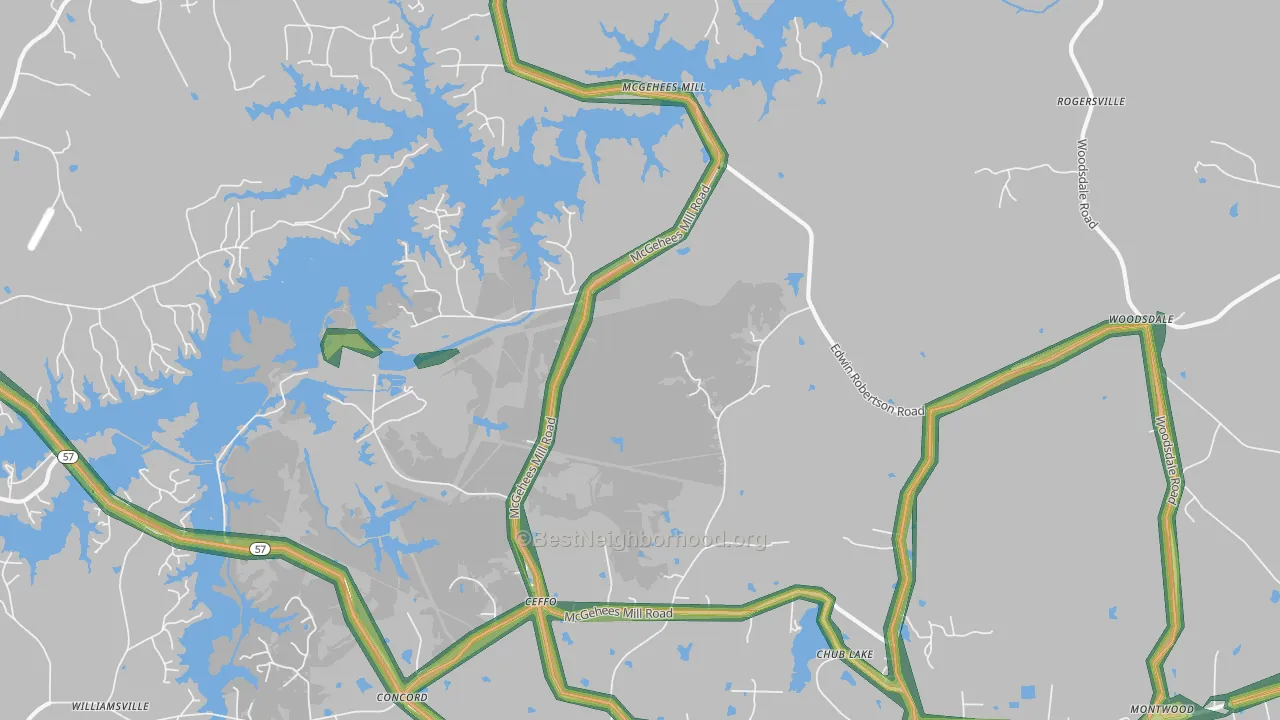 McGehees Mill, NC Map of Noise Levels in McGehees Mill