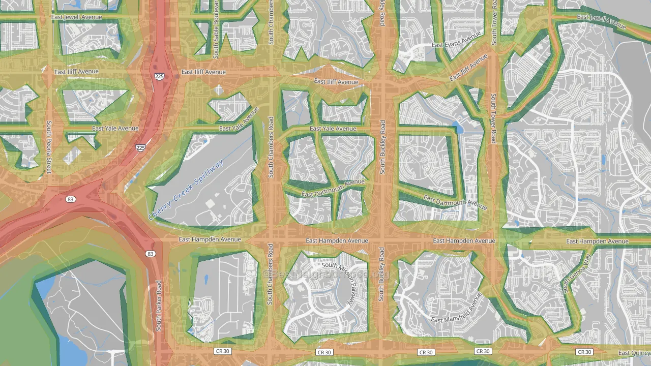 Meadow Wood, Aurora, CO Map of Noise Levels in Meadow Wood
