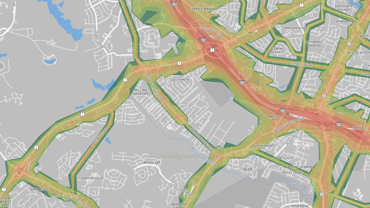 Meadowbrook, Augusta, GA Map of Noise Levels in Meadowbrook