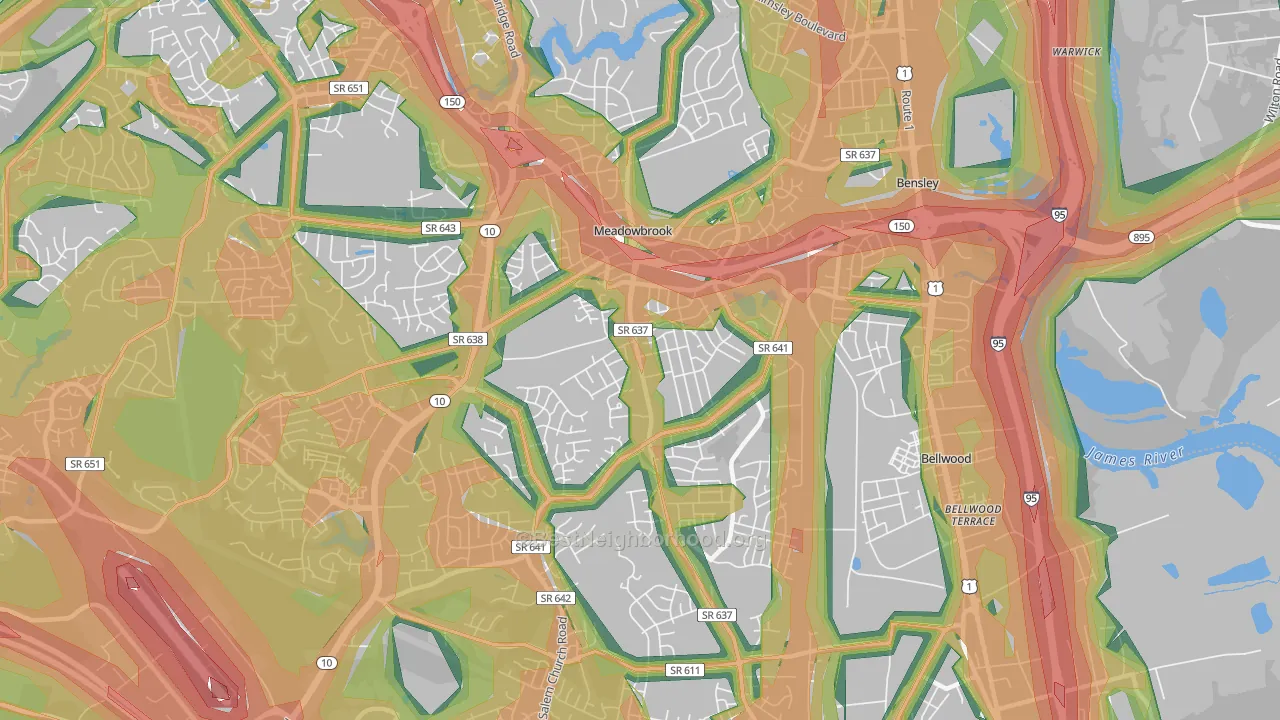 Meadowbrook, VA Map of Noise Levels in Meadowbrook