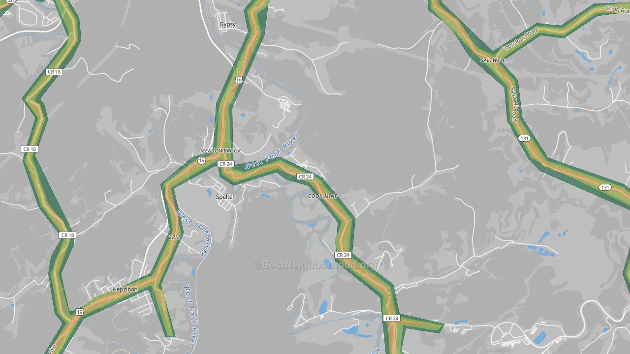 Meadowbrook, WV Map of Noise Levels in Meadowbrook
