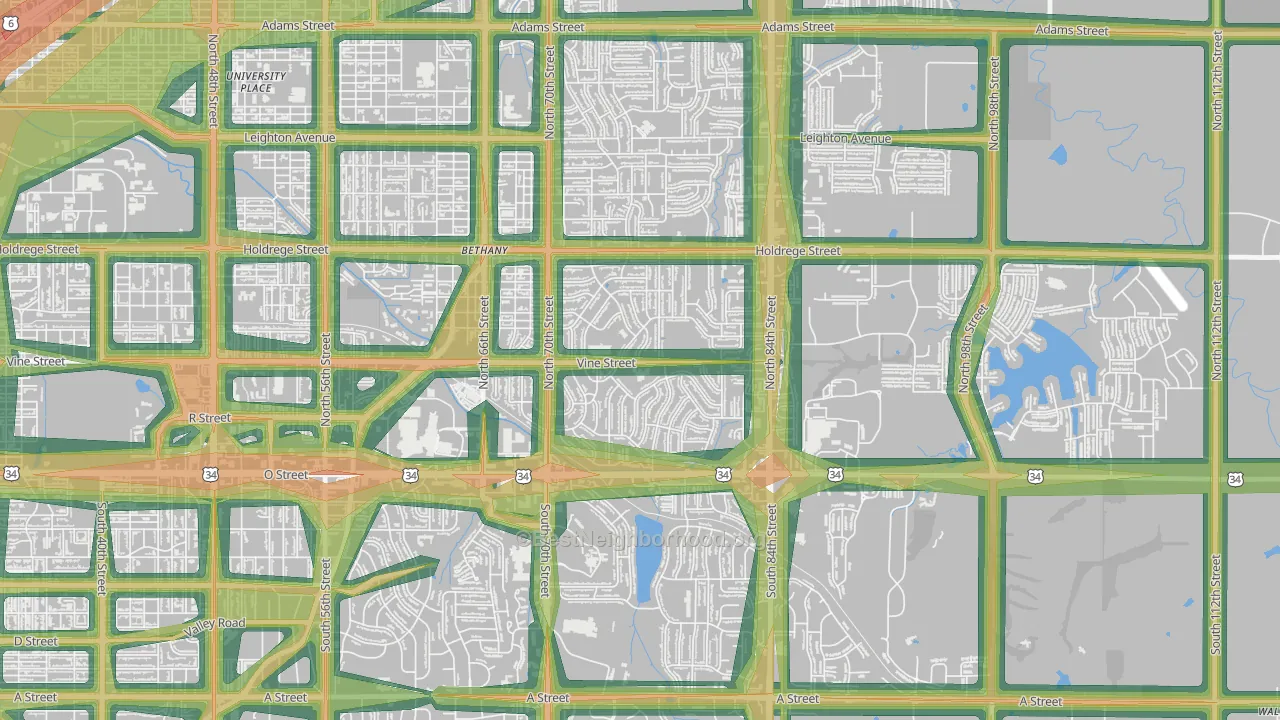 Meadowlane, Lincoln, NE Map of Noise Levels in Meadowlane