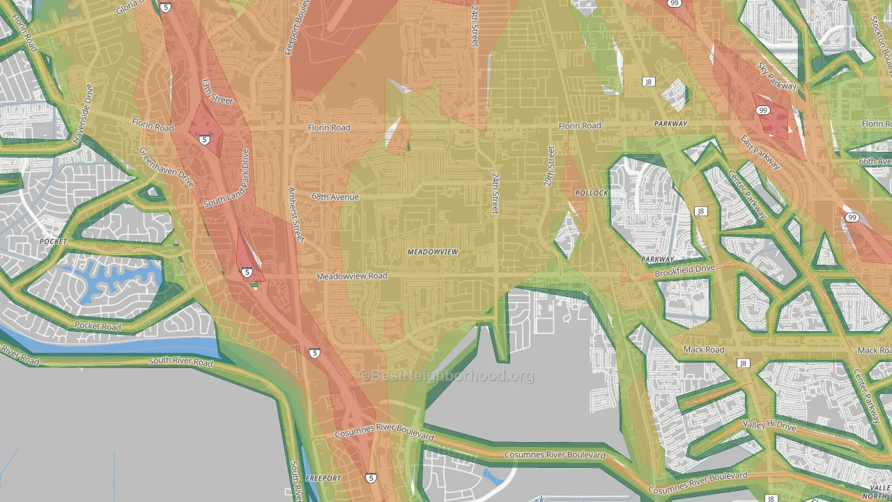 Meadowview, Sacramento, CA Map of Noise Levels in Meadowview