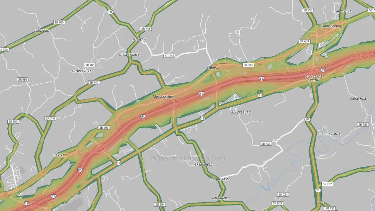 Meadowview, VA Map of Noise Levels in Meadowview