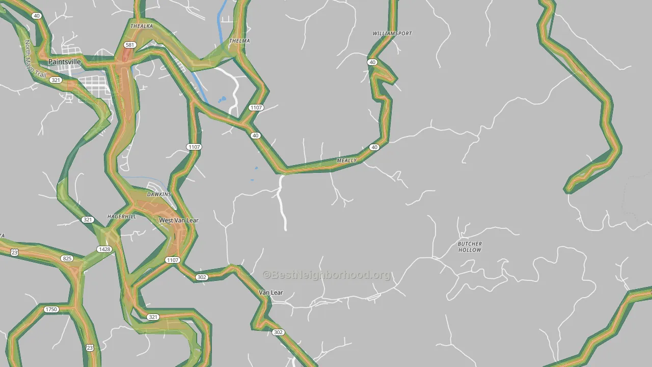 Meally, KY Map of Noise Levels in Meally
